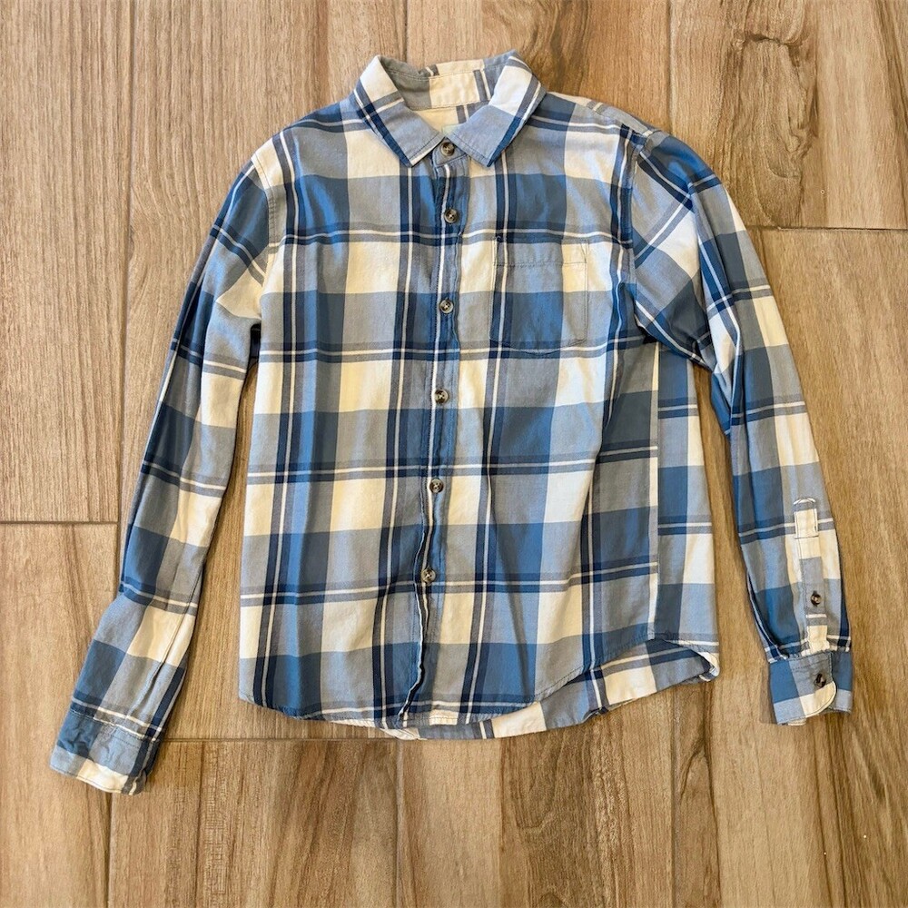 Class Club Boys Button-Up Shirt Size 10/12 Blue Gray White Plaid Long
